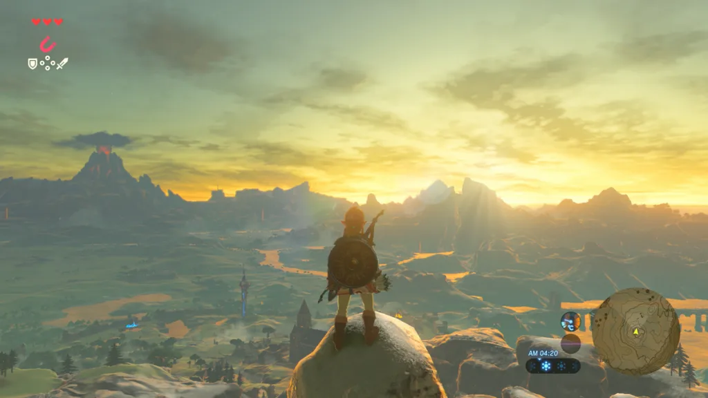 Link looking at the sunrise in Hyrule Kingdom from the top of a mountain in The Legend of Zelda Breath of the Wild