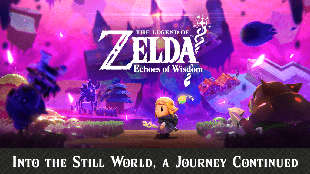 Princess Zelda looking back as the Still World is on her background