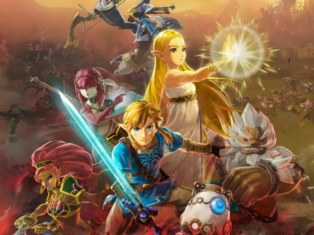 Princess Zelda, Link and the champions, Revali, Daruk, Mipha and Urbosa fighting together