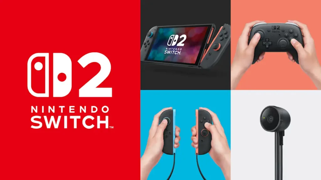 Nintendo Switch 2 Logo with four photos showcasing the console, joy-cons, pro-controller and camera