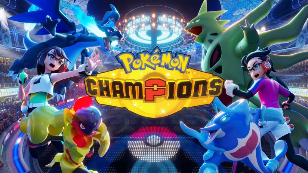 Pokemon Champions logo in the center with pokemon trainers on single battle