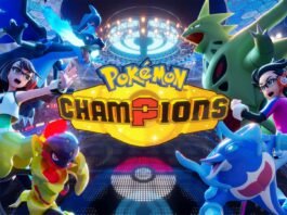 Pokemon Champions logo in the center with pokemon trainers on single battle
