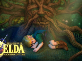 The legend of zelda ocarina remake logo with young link sleeping right beside under the great deku tree.