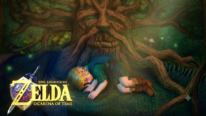 The legend of zelda ocarina remake logo with young link sleeping right beside under the great deku tree.
